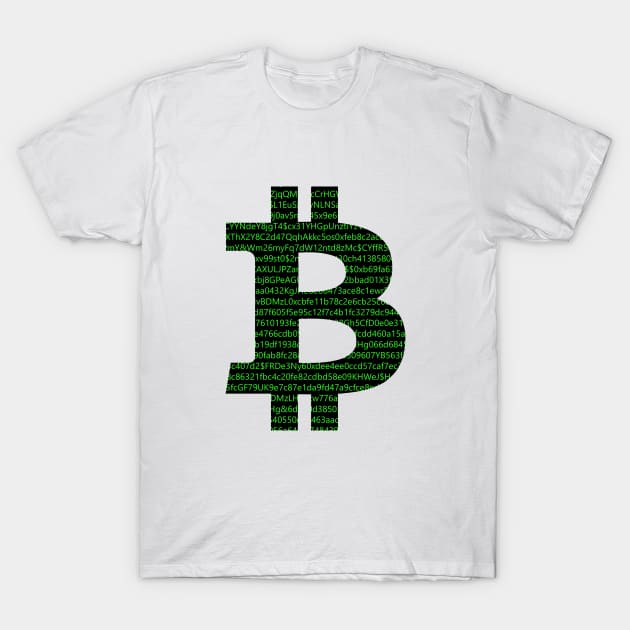 Bitcoin symbol BTC cryptography green computer code T-Shirt by Brasilia Catholic